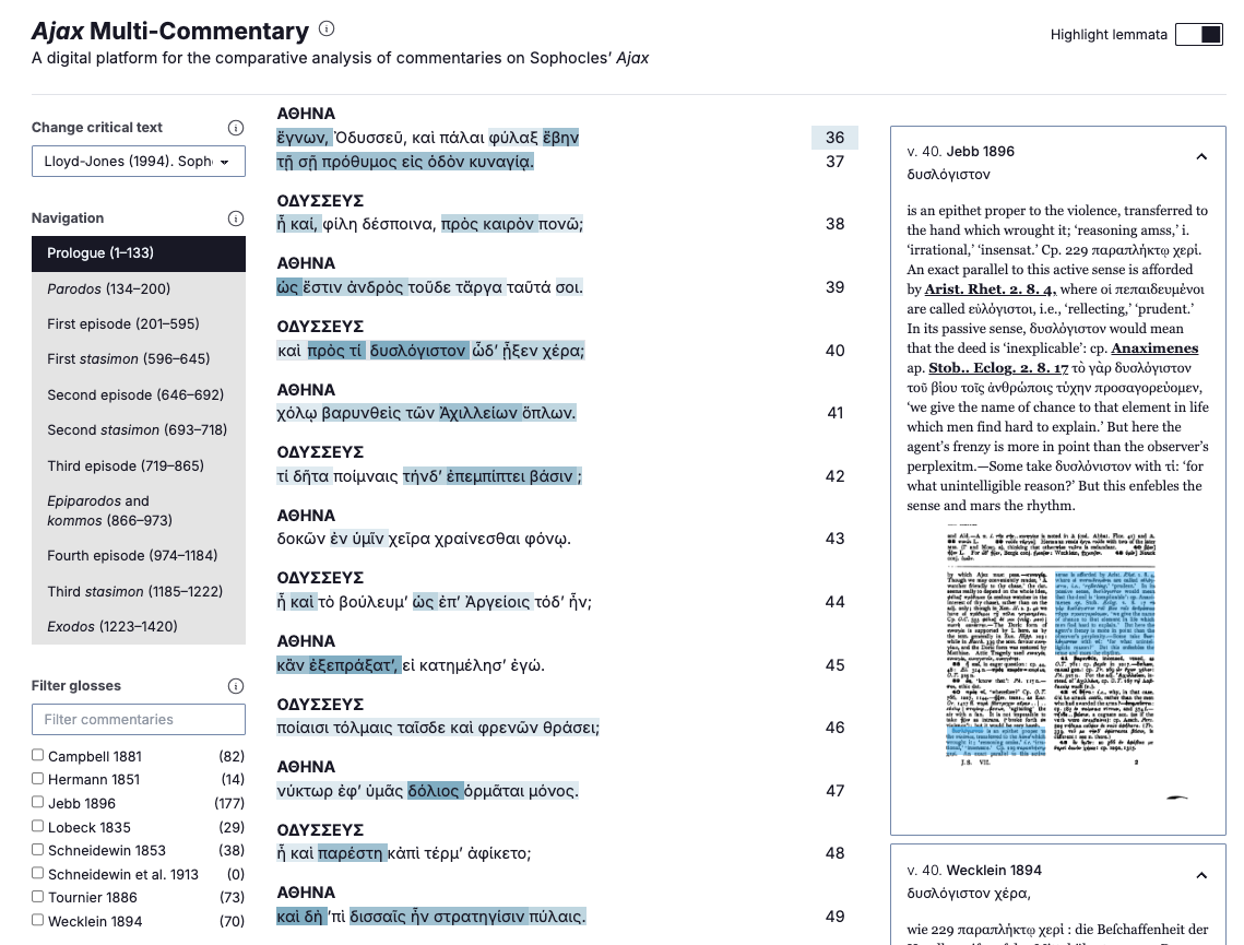  Display of glosses in the Multi-Commentary platform for the word δυσλόγιστον at line 40 of Sophocles’   