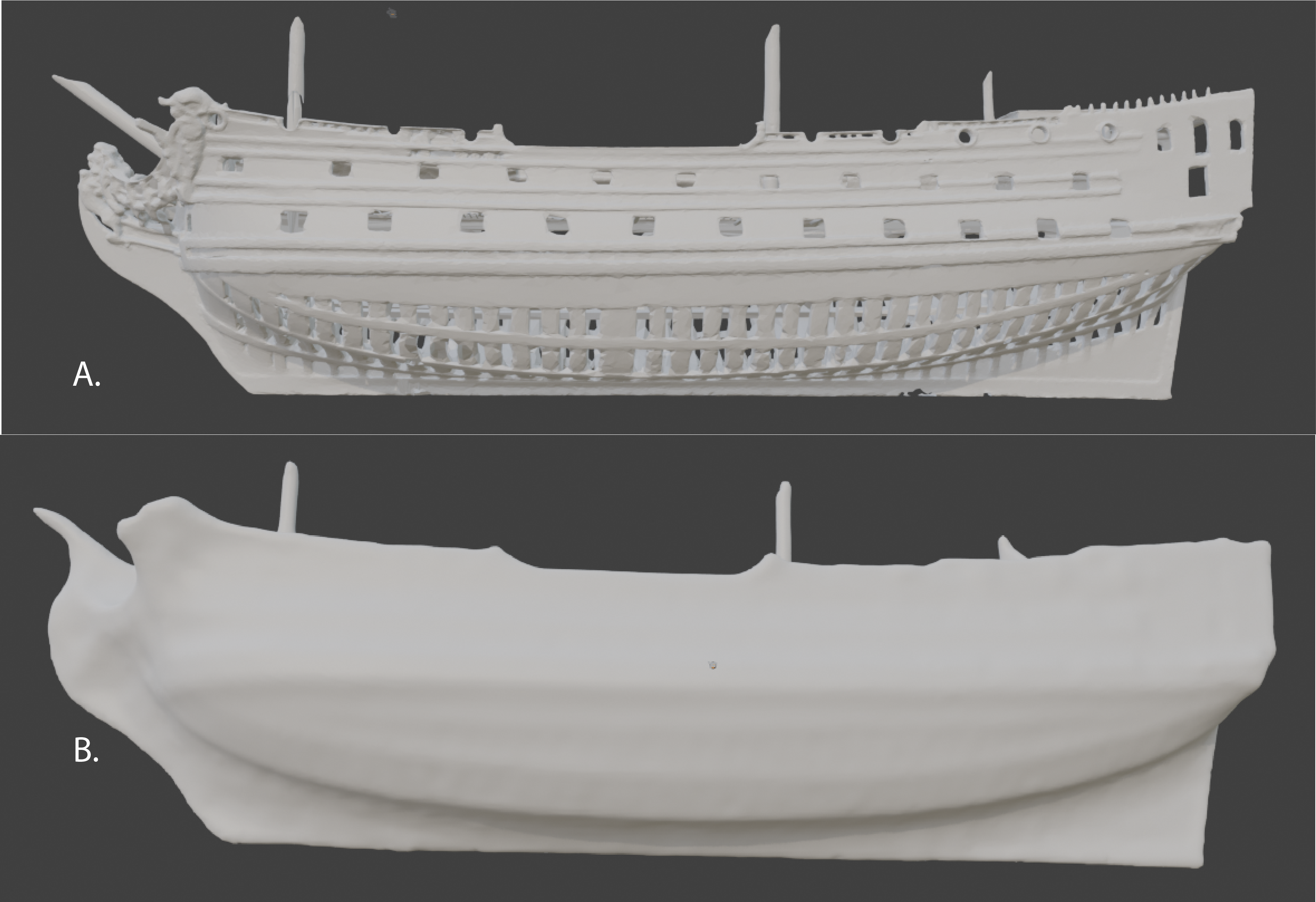 Representation of original ship model scan (A.) and its closed version (B.)