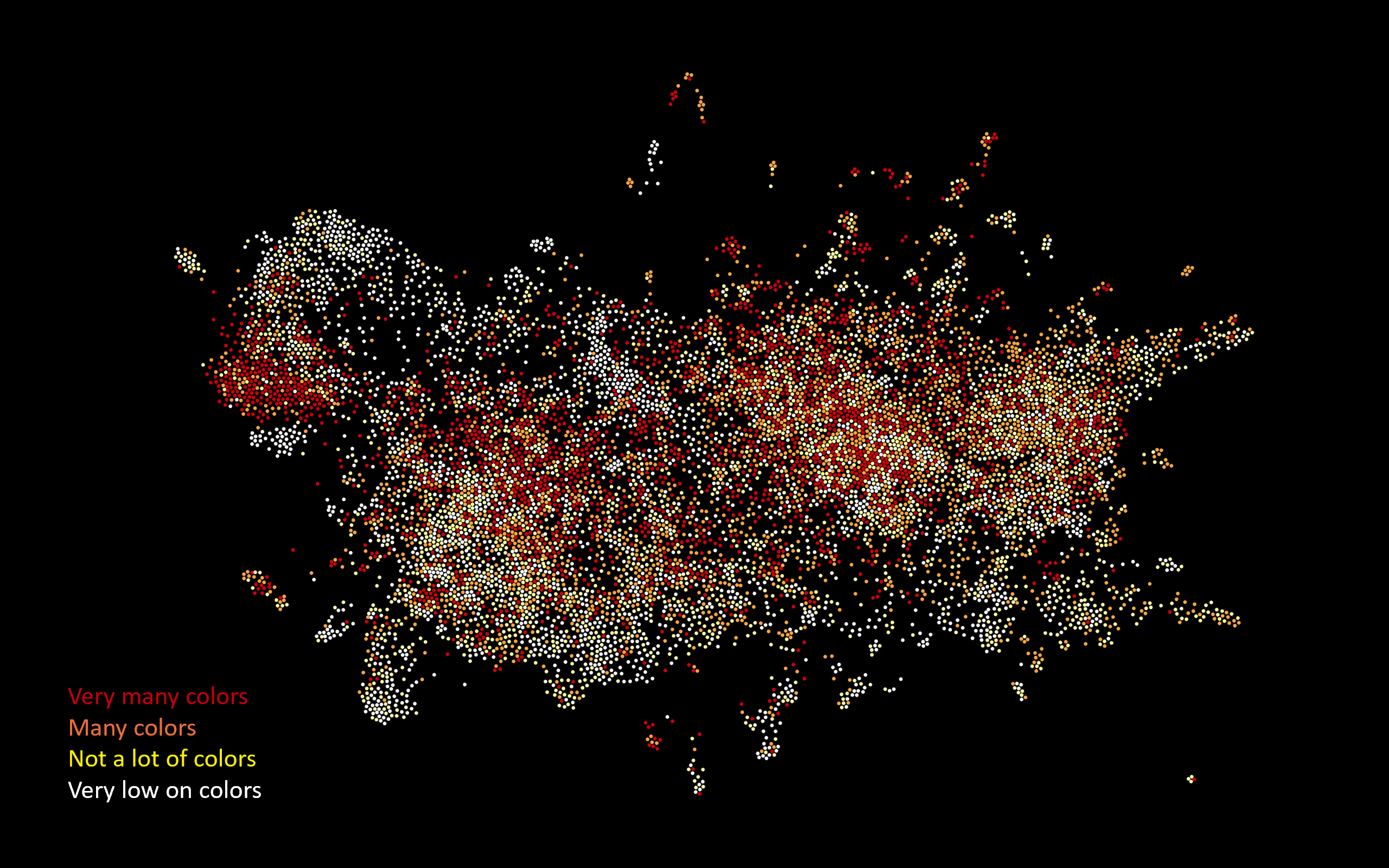 Network based on cluster analysis of Cosine Delta distances with overlaid color word quartiles.