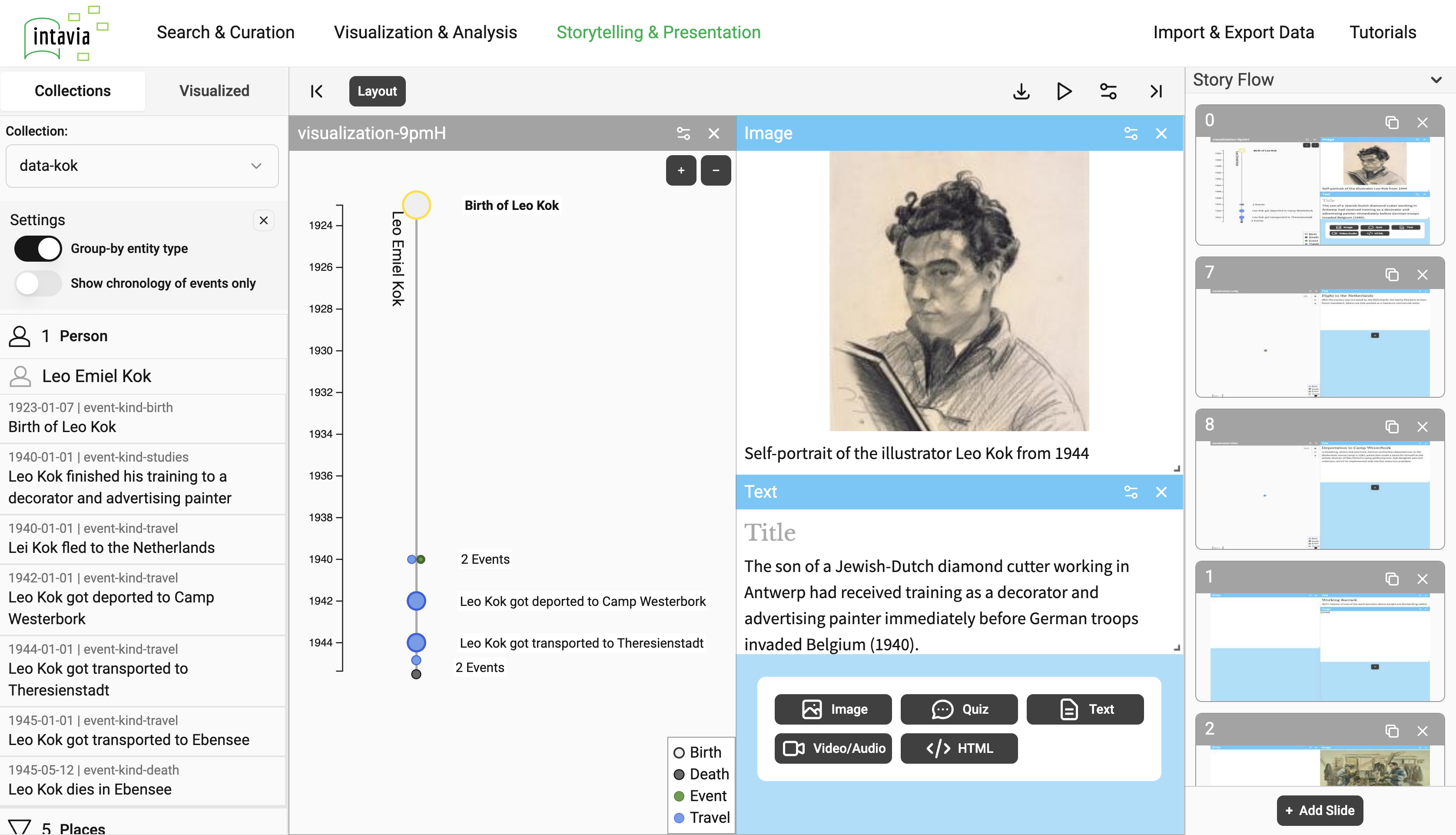 Figure 1: The InTaVia Story Creator allows to craft interactive slideshow-based stories using data on cultural heritage and their visualizations in combination with multimedia annotations as seen here with the lifetime of Leo Kok.