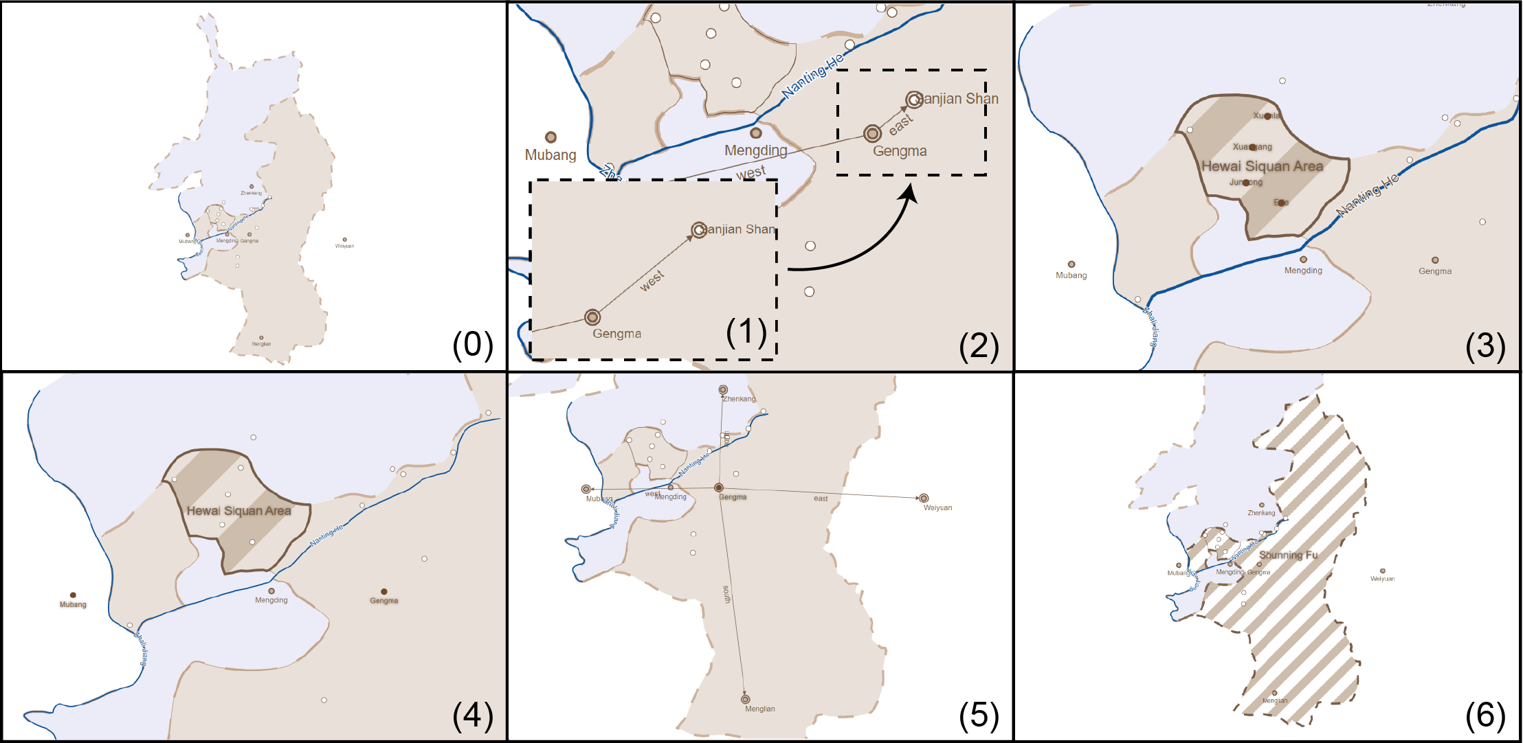 The generated map annotations, including six maps numbered 1 to 6. The first figure (0) indicates the fundamental map. (1) and (2) are similar to each other while (1) annotated the incorrect direction information due to the mistakes from the original text, shown in the slice in the second sub-figure.