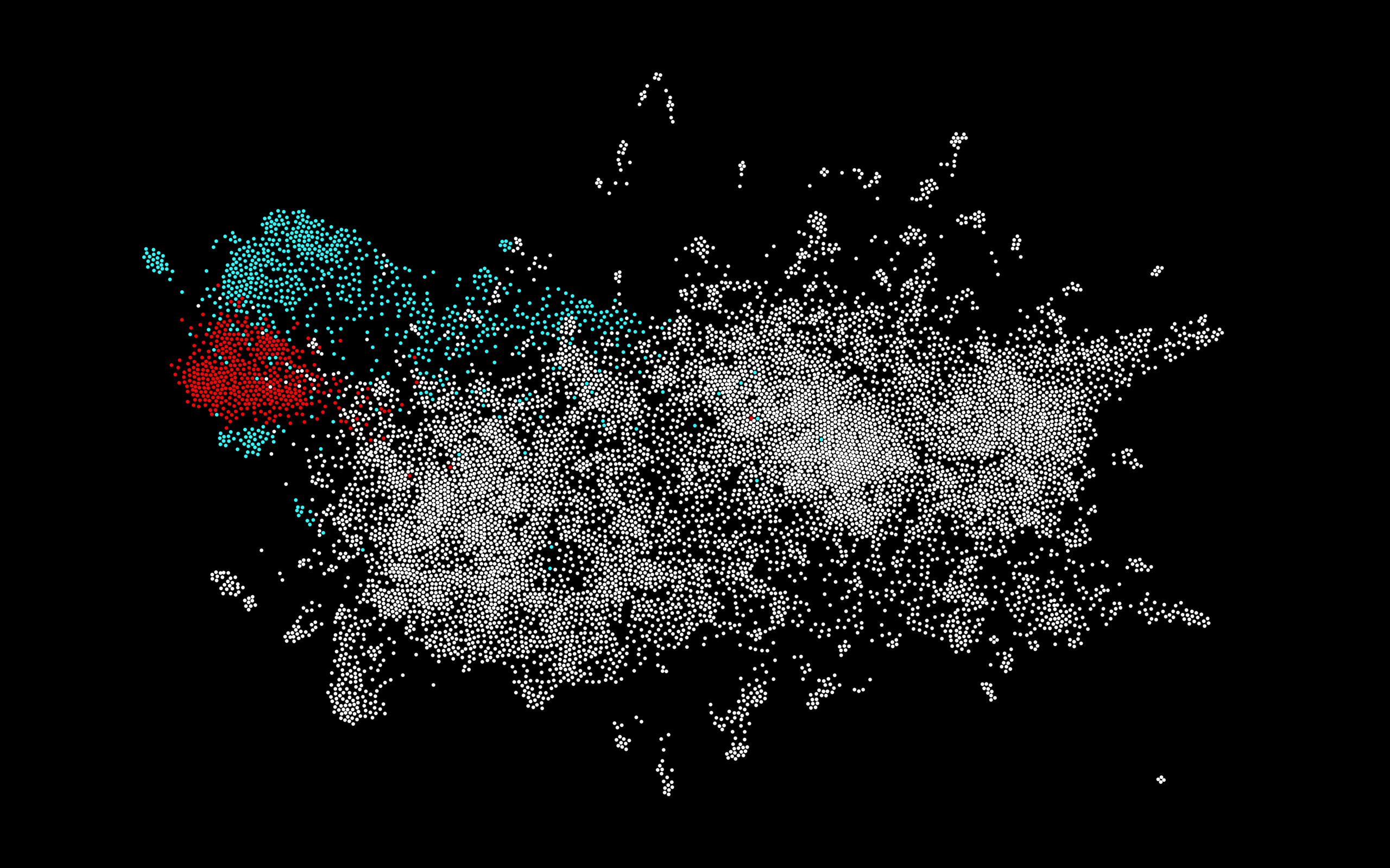 Network based on cluster analysis of Cosine Delta distances (prose: white, poetry: red, drama: light blue).